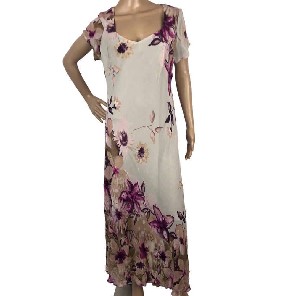Vintage Majick Floral Printed Sequin‎ Maxi Dress Short Sleeve Long Boho Dress L